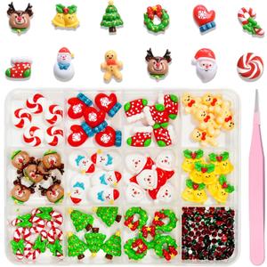 12 Grids Christmas Nail Art Charms 3D Resin Cute Santa Claus Elk Nail Charms Mix Shaped Bell Christmas Tree Snowman Nail Rhinestones Reindeer Wreath Nail Gems for Acrylic Nails Winter Nail Decorations (green)