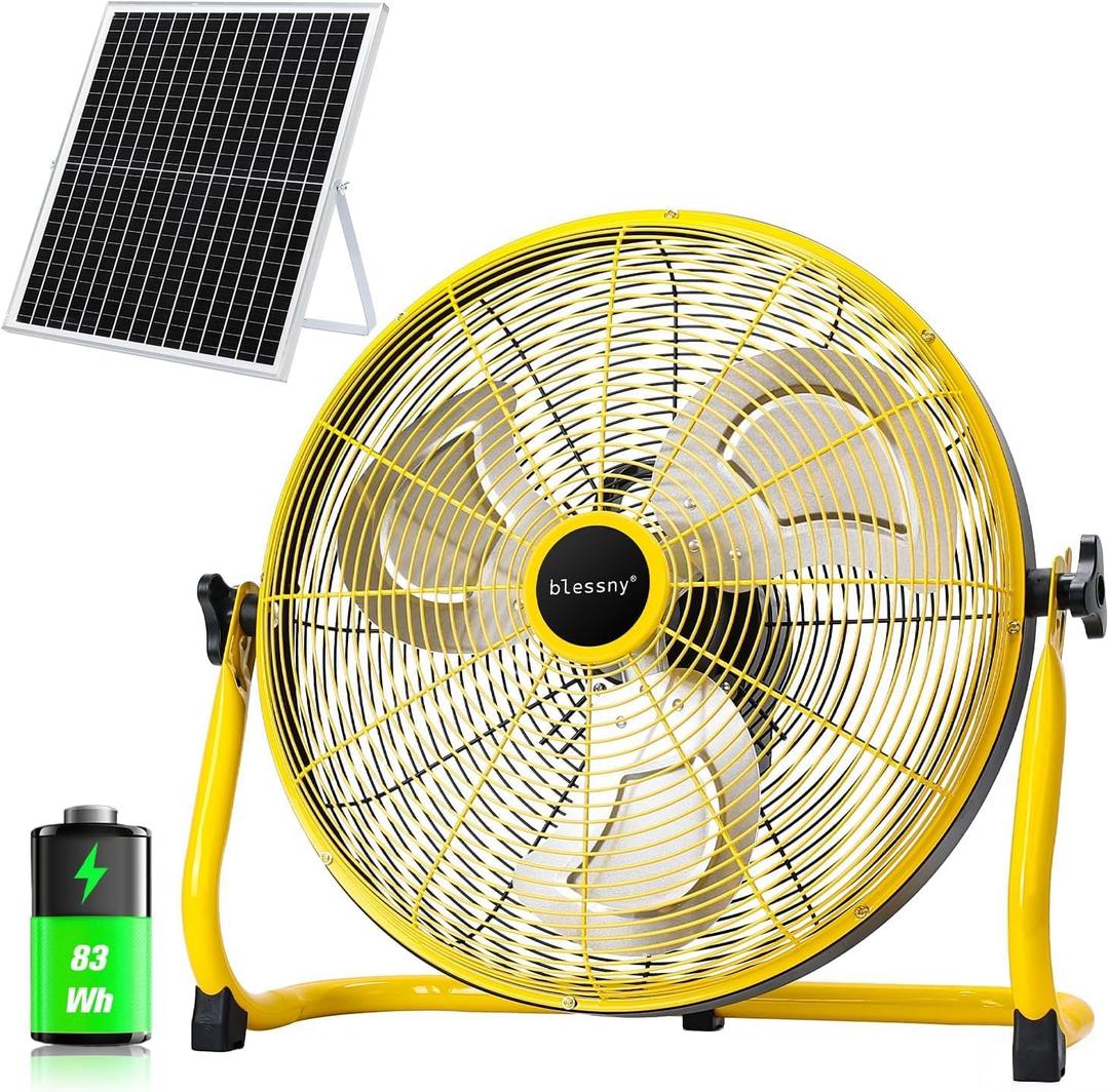 blessny 18" Large Solar Rechargeable Floor Fan for Home Gazebo Greenhouse | 35W Solar Panel with 23 Ft Long Cord for Camping Barn Poultry Pet House Outdoor Cooling or Air Circulation