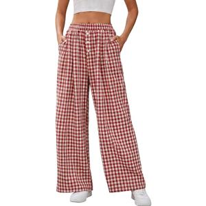 Braroz Womens Gingham Boxer Pajama Plaid Lounge Bottoms Comfy PJ Wide Leg Pants with Pockets Y2K Outfits Red-White Plaid M