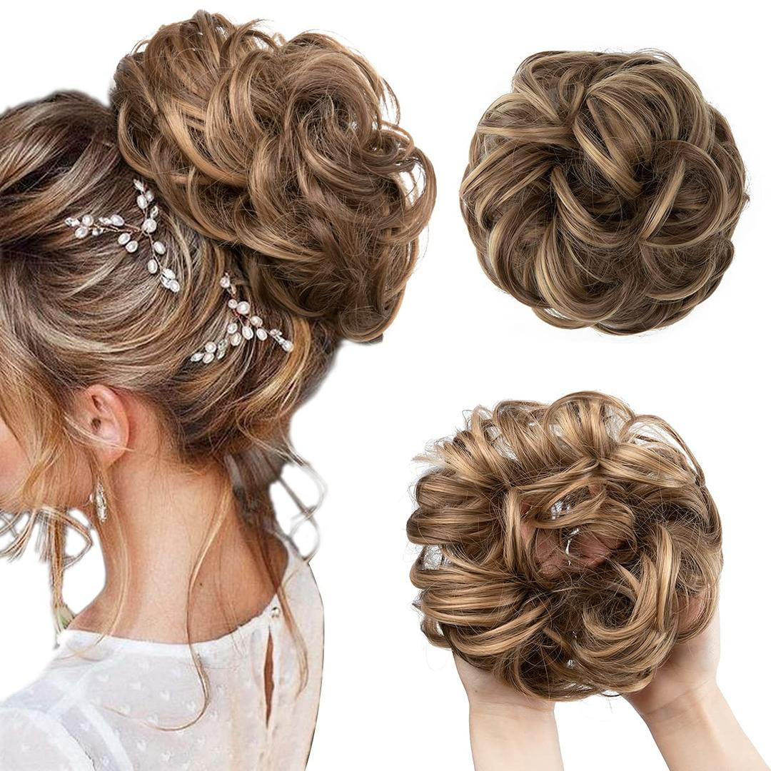 CJL HAIR Large Messy Bun Hair Piece Wavy Curly Scrunchies Synthetic Chignon Ponytail Hair Extensions Thick Updo Hairpieces for Women Brunette/Honey Blonde