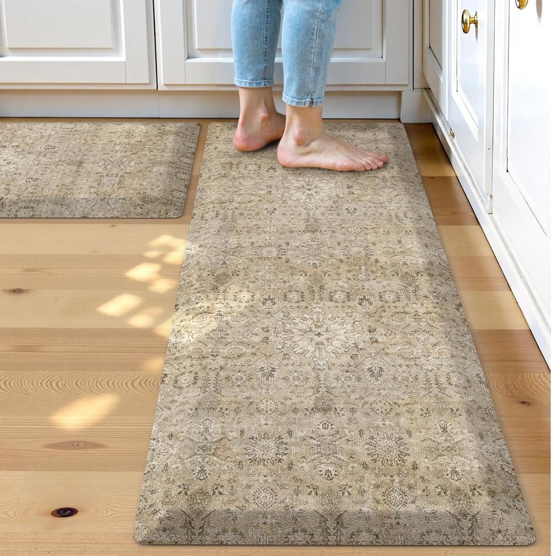 Collive Kitchen Mats for Floor 2PCS, Cushioned Anti Fatigue Rugs Non Slip Waterproof Kitchens Sink Rug, Vintage Floral Comfort Standing Mat for Laundry, Desk, Bar, Office, 17.3''x28''+17.3''x47''