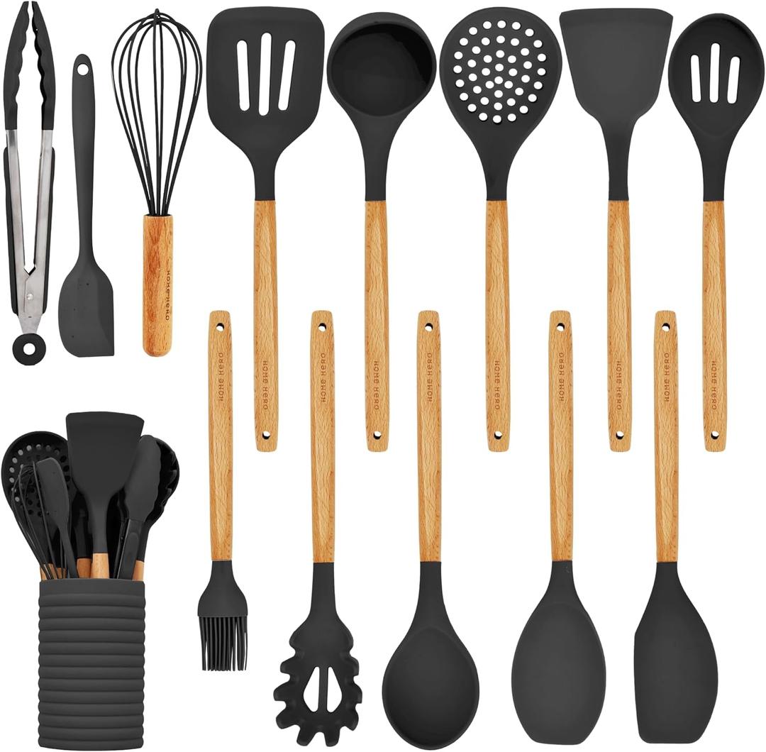 Home Hero Silicone Kitchen Utensils Set with Wooden Handle - Non-Stick Silicone Cooking Utensils Set - BPA Free Silicone Spatula Set - Heat Resistant Wooden Kitchen Utensil Set (14 Pcs - Black)