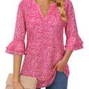 Womens Work Office Tops 3 4 Half Sleeve Dressy Casual Blouses for Women Business Casual Ruffle Sleeve Party Evening Dress Up Chiffon Floral Printed Going Out Modest Clothes Pink Floral Large (Pink, L)