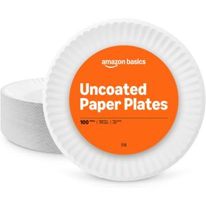Amazon Basics 9" Uncoated White Paper Plates 100 Count (Pack of 1)