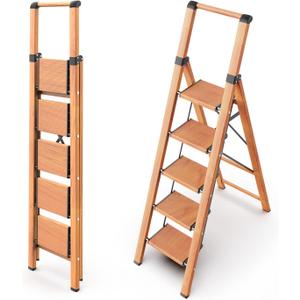 WOA WOA 5 Step Ladder, Ladders for Home, Anti-Slip Pedals, Aluminum Step Stool Foldable, Lightweight to Move, Ease of Storage, Reach 10ft for Closet Kitchen Library, Hold 300lbs - Wood Grain