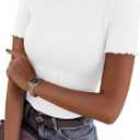 PRETTYGARDEN Short Sleeve T Shirts for Women Summer Clothes 2026 Casual Spring Tops Ruffle Mock Neck Ribbed Fitted Basic Tees (White,Medium)