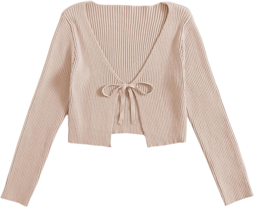 Floerns Women's Tie Front Long Sleeve Rib Knit Shrug Sweaters Cardigan Crop Top (Large)