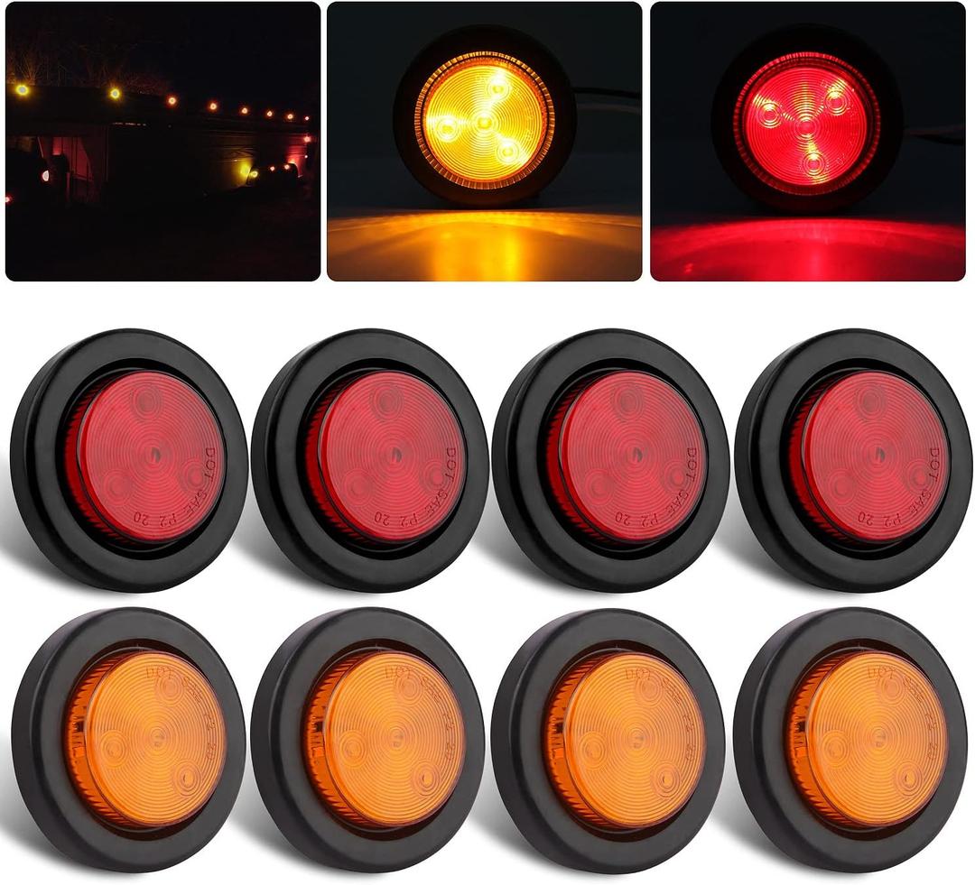 8Pcs 2 Inch Round Led Trailer Marker Lights, 4 Amber + 4 Red 2 Inch Round LED Side Marker and Clearance Marker Lights 4 LED Sealed Flush Mount w/Grommets and 2 Prong Trailer Wire Pigtails Waterproof
