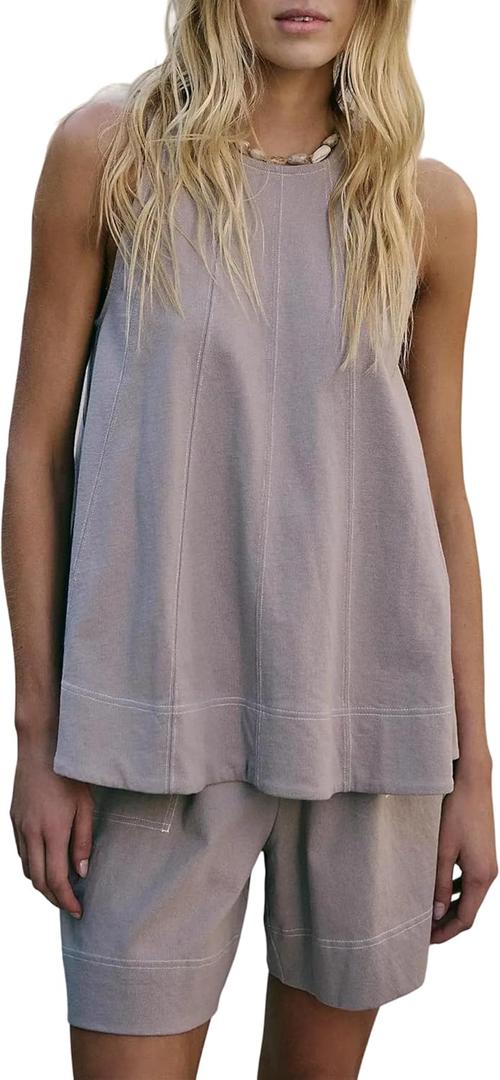 Women's 2025 Summer 2 Piece Sets Sleeveless Crewneck Two Piece Outfits Tank Top Match Wide Leg Shorts with Pockets (Gray, XL)