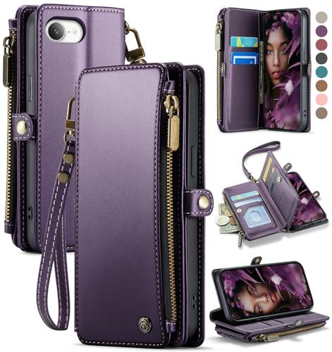 Defencase for iPhone 16E/17E Case Wallet with RFID Blocking Card Holder Slots for Women Men, Elegant PU Leather Magnetic Snap Flip Wristlet Strap Zipper Wallet Phone Cases for iPhone 17e & 16e, Purple