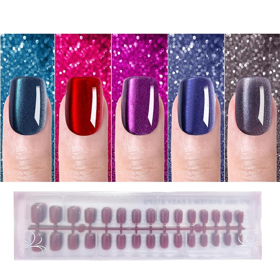 3 x Press on Nails Short Square, OPkssnails 150pcs Glittering Cat Eye Soft Gel Nail Tips, Reusable & Natural Acrylic False Nails for Women and Girls Stick on Nails in 15 Sizes (C1 Square Simple colorful style)