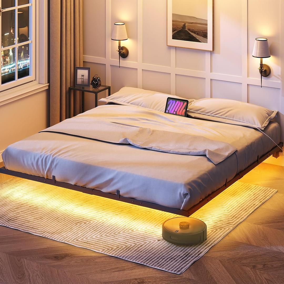 HOOBRO Floating Bed Frame King Size, Bed Frame with Charging Station and LED Lights, Industrial Style Metal Platform King Bed, Soundless, No Box Springs Needed, Black