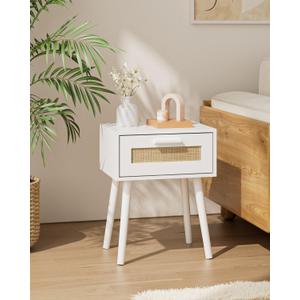 Aienvey Bedroom Nightstands Wooden Night Stands with Rattan Weaving Drawer Home Bedside End Table for Bedroom Storage (BohemianWhite)