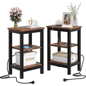 VECELO Modern Nightstands with Charging Station,Side End Table Night Stand with Storage Shelf for Small Spaces, Bedroom,Living Room (Set of 2, Brown)