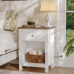 ChooChoo Farmhouse Nightstand with Charging Station, Wooden Top Bedside End Table with Drawer and Storage Space for Bedroom, White