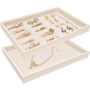 Beige Velvet Jewelry Tray for Drawers Black Jewelrys Display Tray Stackable Jewelry Organizer Trays for Necklace Bracelet Ring Watch (2 Pack)