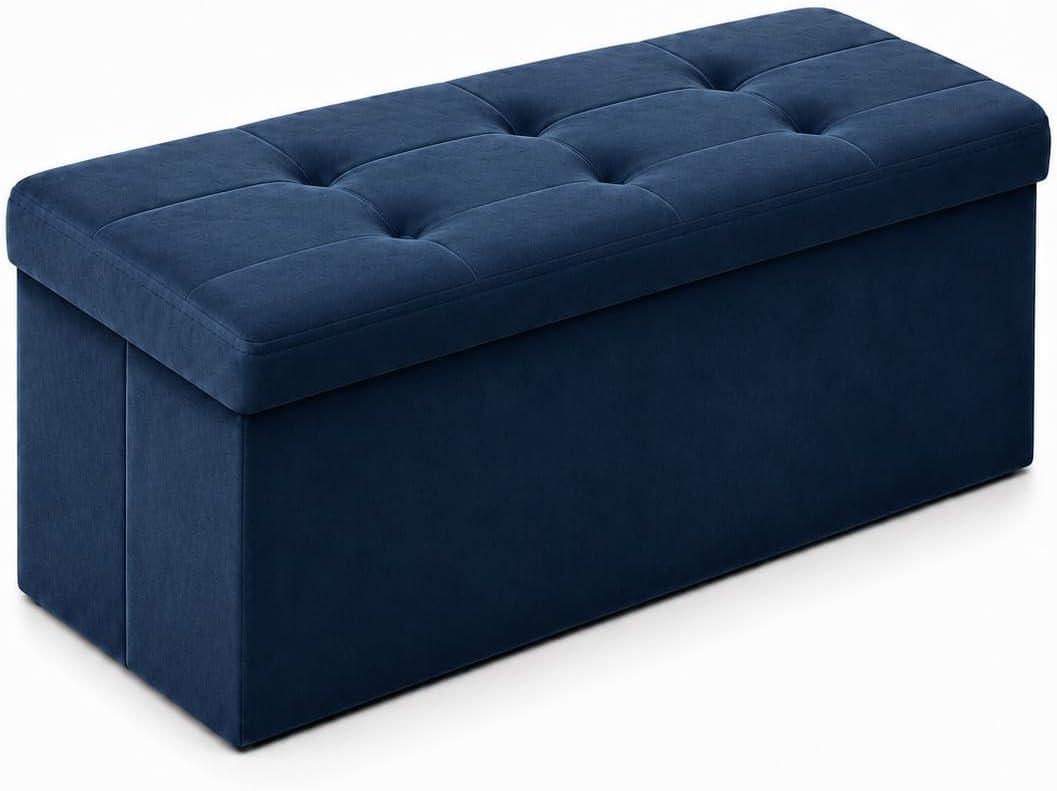 ALASDO 30 Inch Folding Storage Ottoman Bench with Hidden Storage, Velvet Storage Ottoman Foot Rest Stool, End of Bed Bench for Bedroom, Living Room, Entryway and Closet, Navy Blue, 15"D x 30"W x 15"H