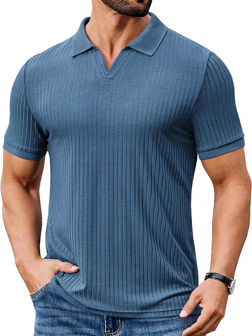 COOFANDY Men's Ribbed Polo Shirts Short Sleeve V Neck Slim Fit Polo T-Shirt Casual Summer Collared Golf Shirt (Blue)