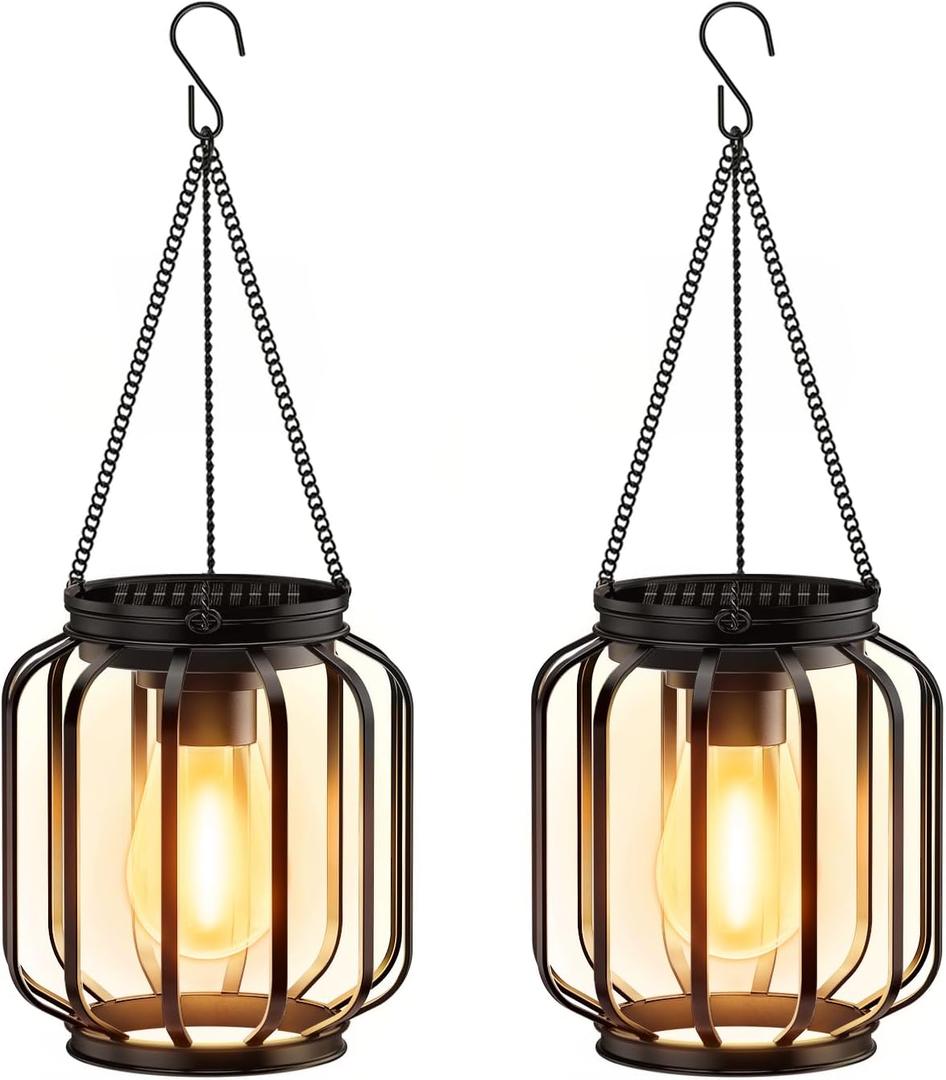 Solar Hanging Lanterns Outdoor: 2 Pack Metal Solar Hanging Lights with Hook, Bright - Warm Waterproof LED Lanterns for Outside, Classic Decorative Solar-Powered Light for Yard Garden Patio Porch Decor
