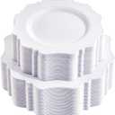 COLOSUS 100 pcs White Plastic Plates Set,Fancy Beaded Plates-European Retro plates include 50 dinner plates and 50 dessert plates,Plastic Disposable plates for BBQ and Party