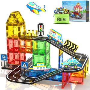Magnetic Tiles Road Set, STEM Magnetic Blocks for Kids Ages 3-5 4-8 5-7, Construction Magnet Tiles Kids Toys, Christmas Birthday Gift for Boys Girls Ages 3+