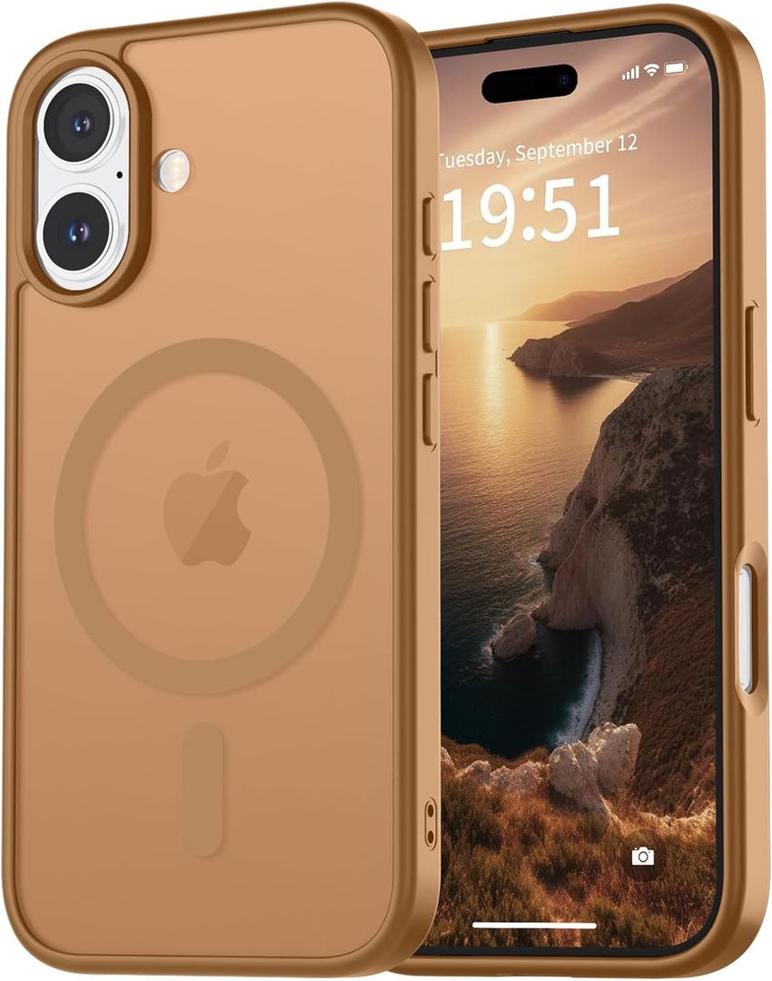 Vnnink for iPhone 16 Case,Magnetic Matte Military Grade Drop Protection Translucent Cell Phone Cover - Slim Rugged Durable Shockproof Bumper Cover-Brown