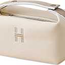 Makeup Bag Travel Toiletry Bag, Small Cosmetic Bag Portable Travel Makeup Bag with Handle, Fashion Canvas Makeup Organizer Bag Water Resistant for Women and Men (Beige)