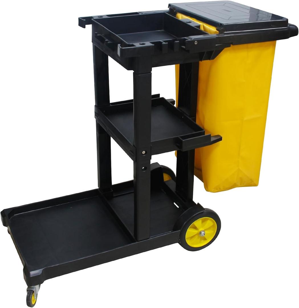 Heavy-Duty 3-Tier Cleaning Cart with Silent Wheels & Tool Organizer | Commercial Janitorial Service Cart Utility Cart for Hotel Housekeeping Industrial (Black, with Cover)