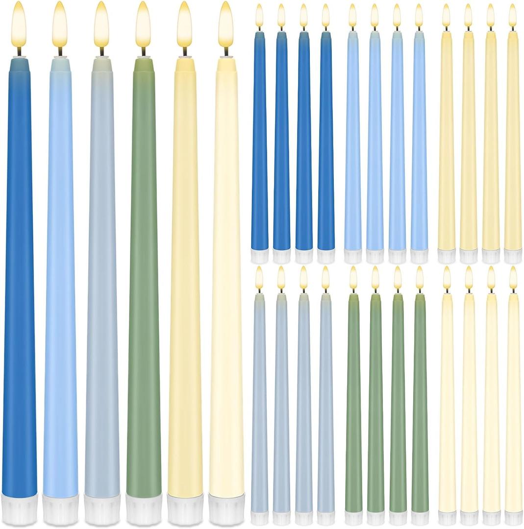 Baquler 24 Pcs 11'' LED Flameless Taper Candles Blue Sage Green Beige Battery Operated Taper Candles Fake Flickering Light Candlesticks for Wedding Baby Shower Church Home Dinner Christmas Decor