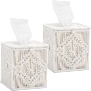 2 Pack Tissue Box Cover Macrame Square Open-Bottom Tissue Box Holder Boho Decor Tissue Organizer Bohemian Handmade Woven Tissue Cube Box for Bedroom Bathroom Dresser Living Room Office