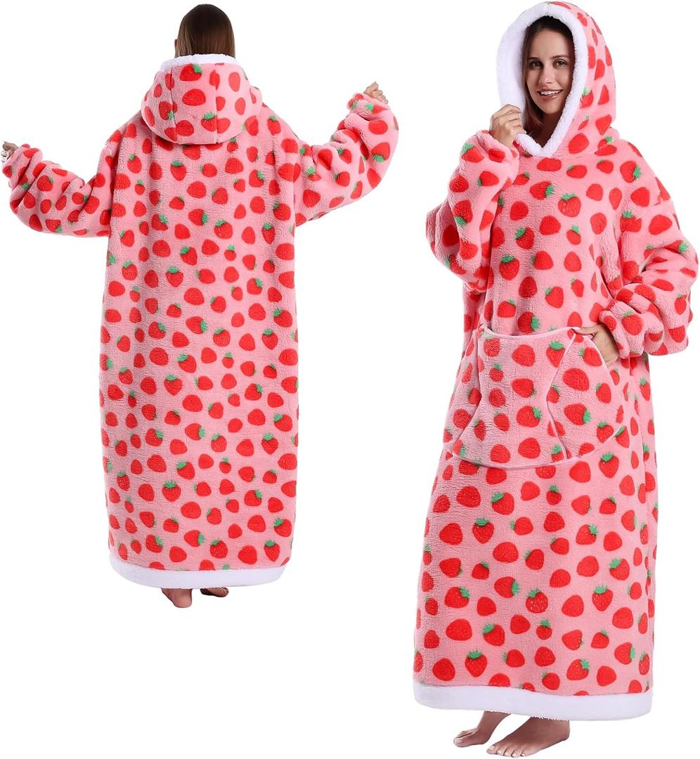 GoodtoU Wearable Blanket Hoodie, Strawberry Oversized Hooded Blanket for Women Warm Christmas Birthday Gifts for Mom Girlfriend (Adults Extra Long)