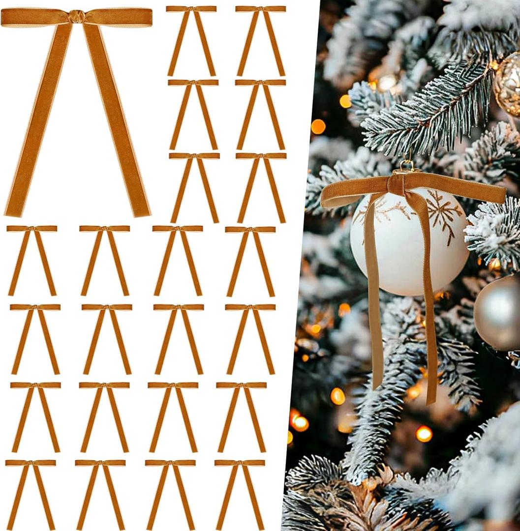 Artmag 24 Pcs Velvet Bows for Christmas Tree Rustic Bows Velvet Christmas Ornaments for Door Garland Wreath Gift Party Holiday Decoration (Width of 3/8",Camel)