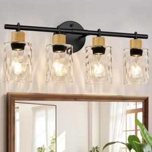 Bathroom Light Fixtures, 4-Light Coastal Vanity Lights with Crystal Glass Shade, Black Bathroom Wall Lamp for Mirror Kitchen Hallway Cabinet