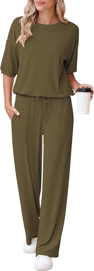 AOHITE Womens 2 Piece Outfits Lounge Sets Short Sleeve Pullover Tops Elastic Wide Leg Pants Set Sweatsuits Tracksuit (Large, Pickle Green)