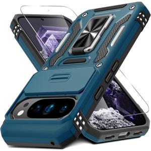 DEERLAMN Case for Google Pixel 10 Pro XL with Slide Camera Cover+Screen Protector(1 Pack), Rotated Ring Kickstand Military Grade Shockproof Protective Cover-Light Blue
