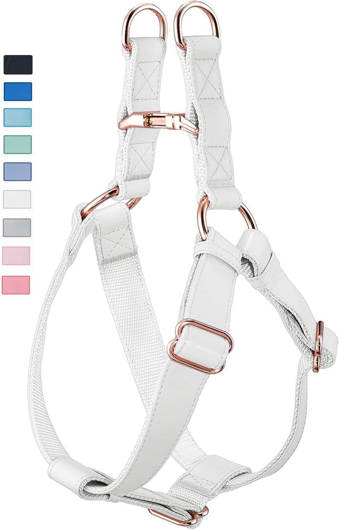 Soft Leather No Pull Dog Harness - Adjustable Step in Dog Harness with Rose Gold Heavy Duty Metal Buckle, Freedom Nylon Dog Halter Vests for Small Medium Large Dogs Easy Walking Training (White, M) (M (Neck & Chest Girth 20"-26"x Width 1"))