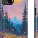 LUHOURI for iPhone 15 Case,Wireless Charging Compatible,Dual-Layer - Soft Silicone Inner + Hard Outer Shell,Cute Wildflower Design,Protective Phone Cover for Women - Twilight Mountain Floral