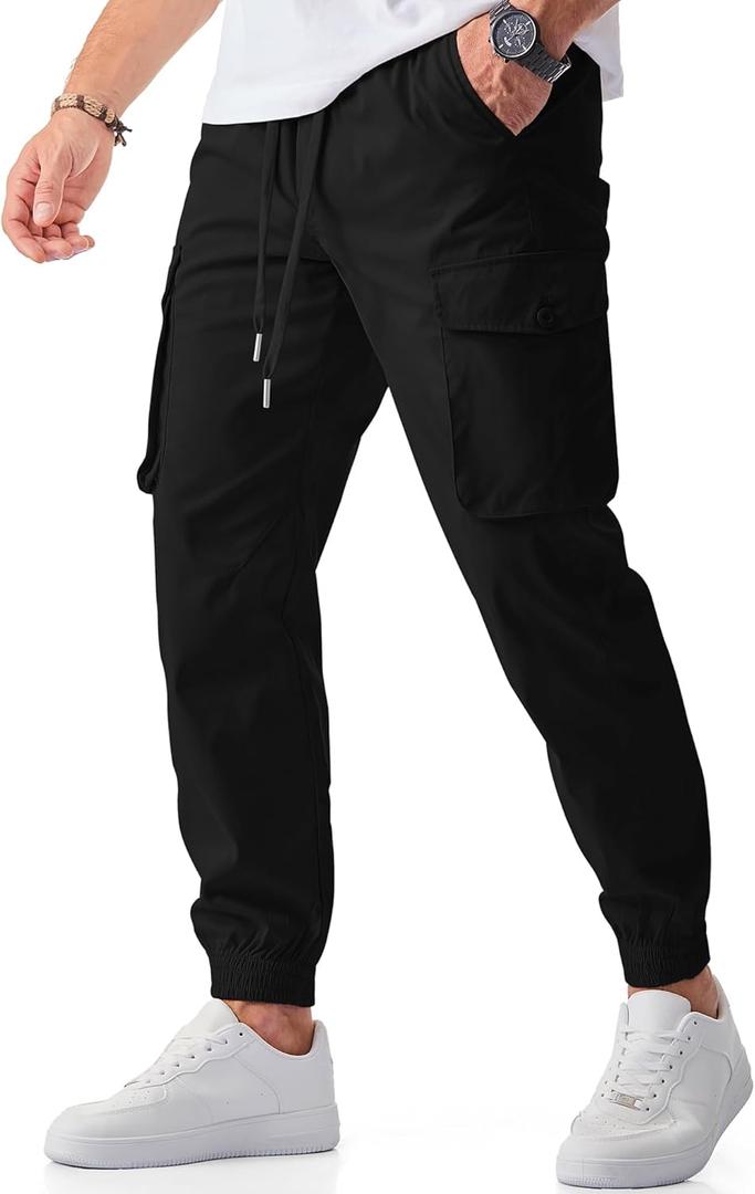 JMIERR Men's Casual Cargo Joggers Pants Stretch Elastic Waist Drawstring Tapered Sweatpants with Pockets (XX-Large, Black)