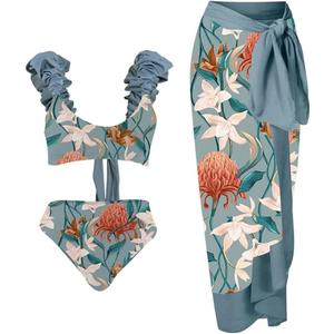 Women's One Piece Swimsuit with Cover Up Set Wrap Skirt Sleeveless Floral Beach Swimwear Sarong Bathing Suit (Medium, Blue)