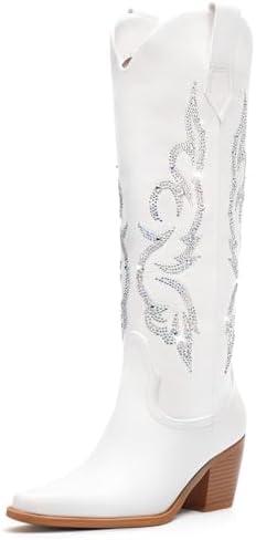 Platikly White Cowboy Boots for Women - Wide Calf Rhinestone Cowgirl Boots, Women Knee High Western Boots, Glitter Sparkly Ladies Tall Boots with Classic Embroidery and Side Zipper, Retro Classic Country Boots Pull On for Ladies Size 6,5