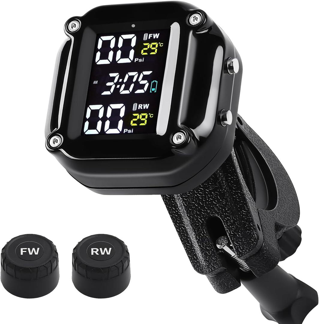 Motorcycle Wireless Tire Pressure Monitoring System, Motorcycle TPMS with 2 External Sensors, LCD Display, IP67 Waterproof Dustproof, Motorbike Tyre Temperature Alarm, Two-Wheeled Motorcycle TPMS