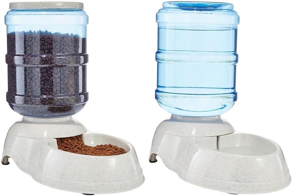 Amazon Basics Automatic Dog Cat Water Dispenser Gravity Feeder and Waterer Set, Large, 456.6fl.oz food feeder, 382.1fl.oz water dispenser, Gray
