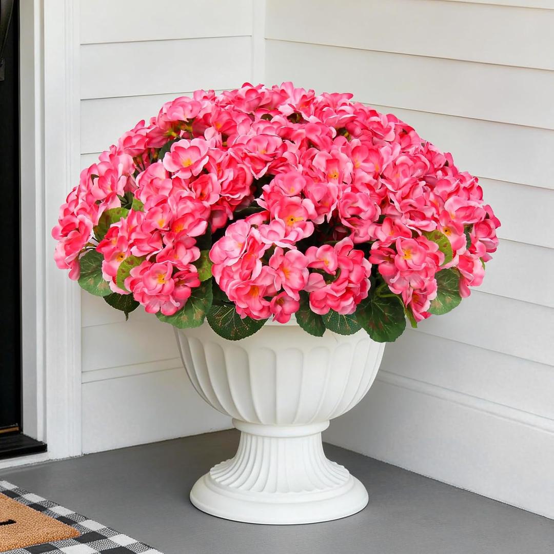 12 Bundles Artificial Geranium Fake Flowers for Outdoor UV Resistant, Outside Spring Pink Flower Decoration for Home Kitchen Table Cemetery Garden Planter, Front Door Silk Faux Plants