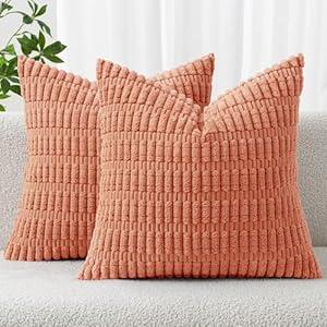 MIULEE Pack of 2 Corduroy Decorative Throw Pillow Covers 20x20 Inch Soft Boho Striped Pillow Covers Modern Farmhouse Home Decor for Summer Sofa Living Room Couch Bed Coral