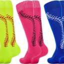 American Trends Girls Softball Socks with Stitches 3 Pairs Youth Athletic Socks for Soccer, Baseball, Softball, Football (L)