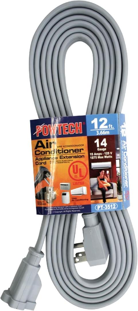Heavy Duty 12 FT Air Conditioner and Major Appliance Extension Cord UL Listed 14 Gauge, 125V, 15 Amps, 1875 Watts Grounded 3-PRONGED Cord