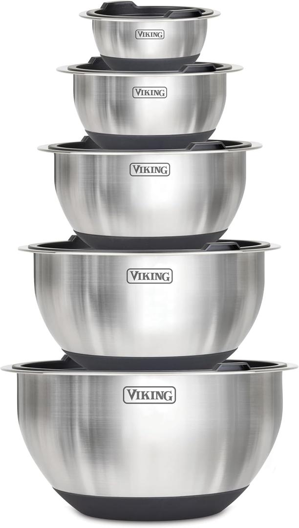 Viking Mixing Bowls Set, 10 Piece Stainless Steel Kitchen Cookware, Non-Slip Silicone Base, Includes Tight Fit Lids, Dishwasher Safe, Black