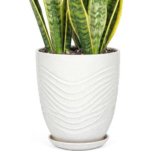 11.8 Inch Flower Pots for Indoor Plants,Ceramic Planter with Saucer Drainage Leak-Proof Mesh Gardening Gloves (Water-Ripple White)