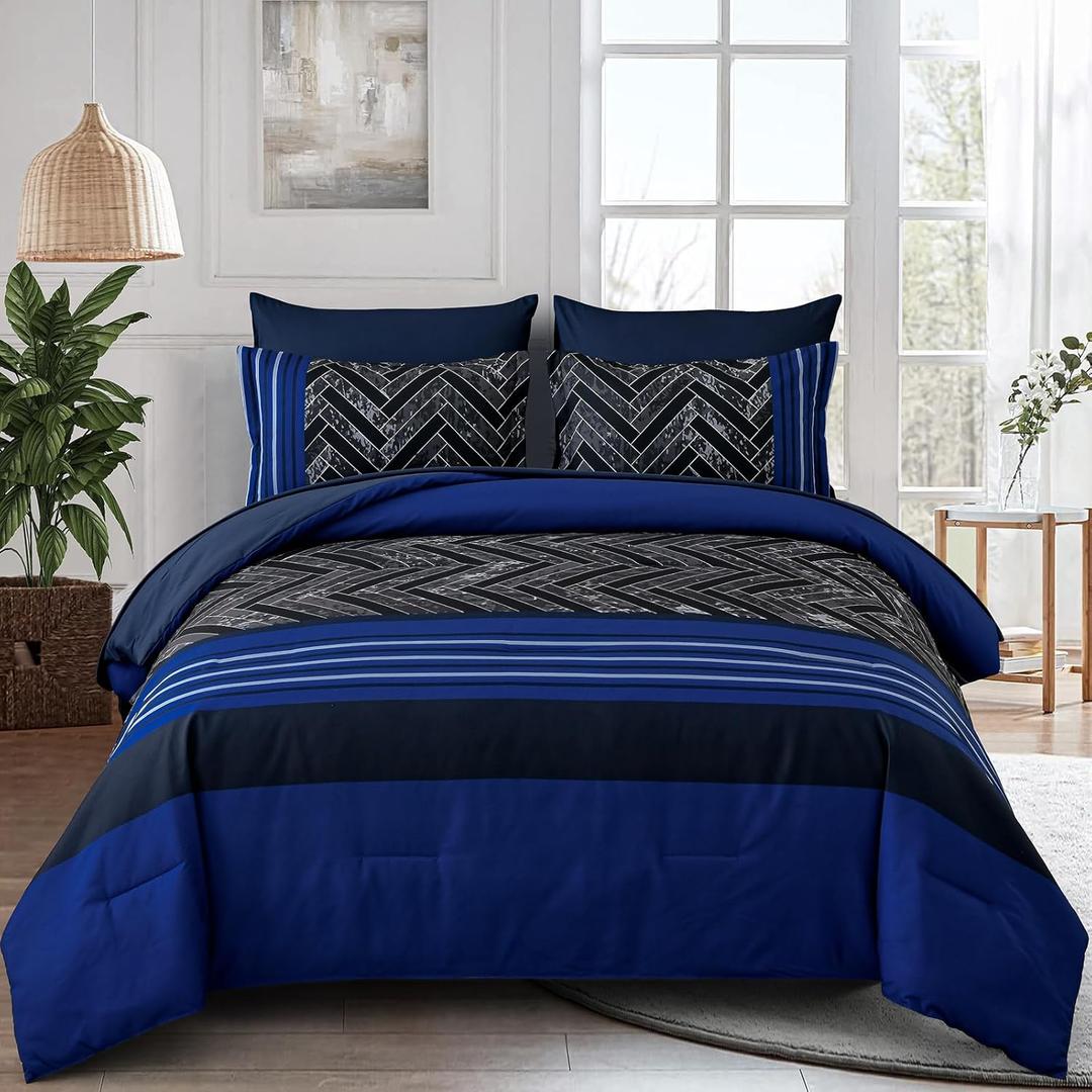 Luxudecor Blue Comforter Set King Size, 7 Pieces Stripe Geometric Bed in a Bag, Geometric Comforter and Sheet Set, Soft Microfiber Complete Bedding Sets for All Seasons