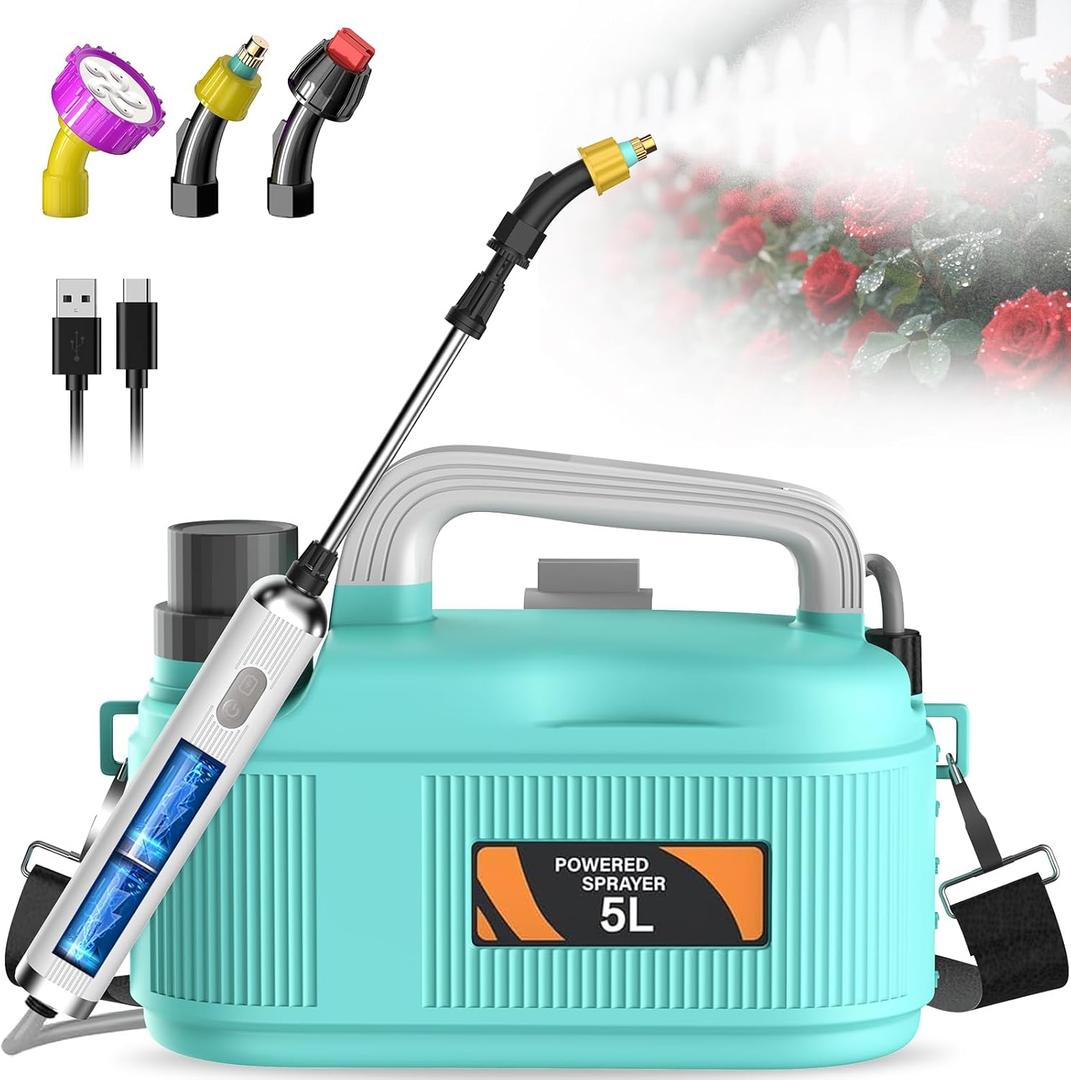 Sprayers in Lawn and Garden - 1.35 Gallon Battery Powered Sprayer with Pump, Telescopic Wand,Water Hose Nozzle - Portable Yard Sprayer for Weed Control, Fertilizing, Watering (Sky-Green)